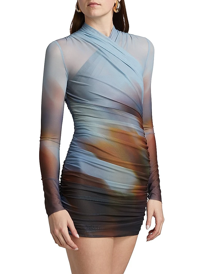 Sora Printed Mesh Long-Sleeve Minidress