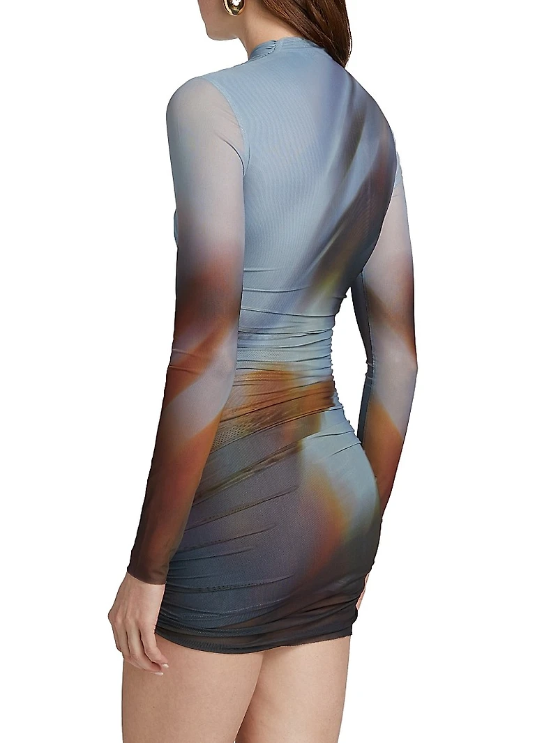 Sora Printed Mesh Long-Sleeve Minidress