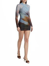 Sora Printed Mesh Long-Sleeve Minidress