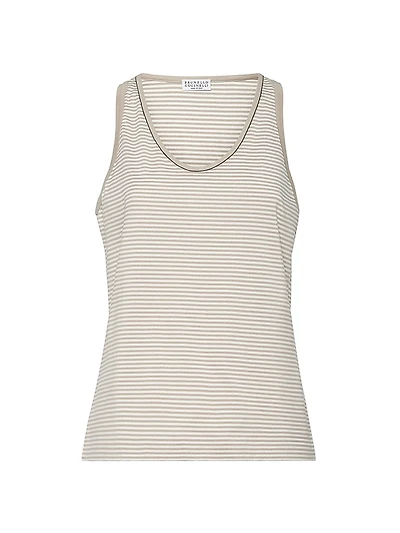 Striped Cotton Jersey Top with Shiny Neck Detail