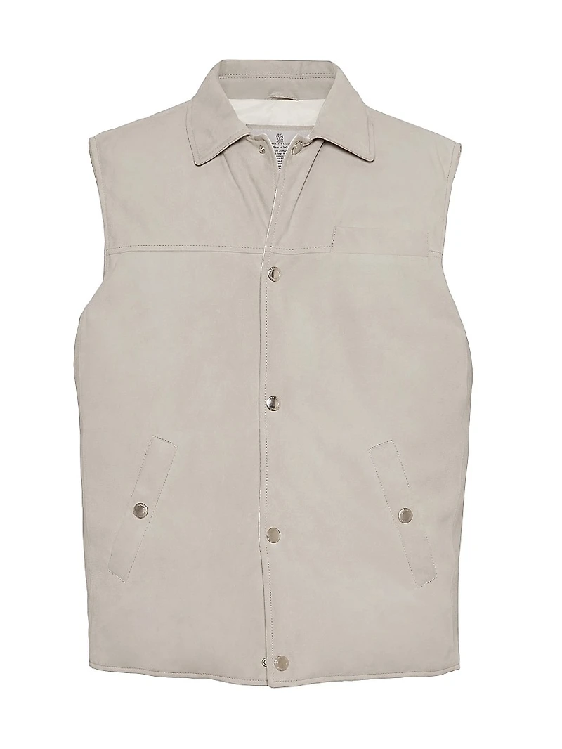 Suede Down Vest with Shirt Style Collar