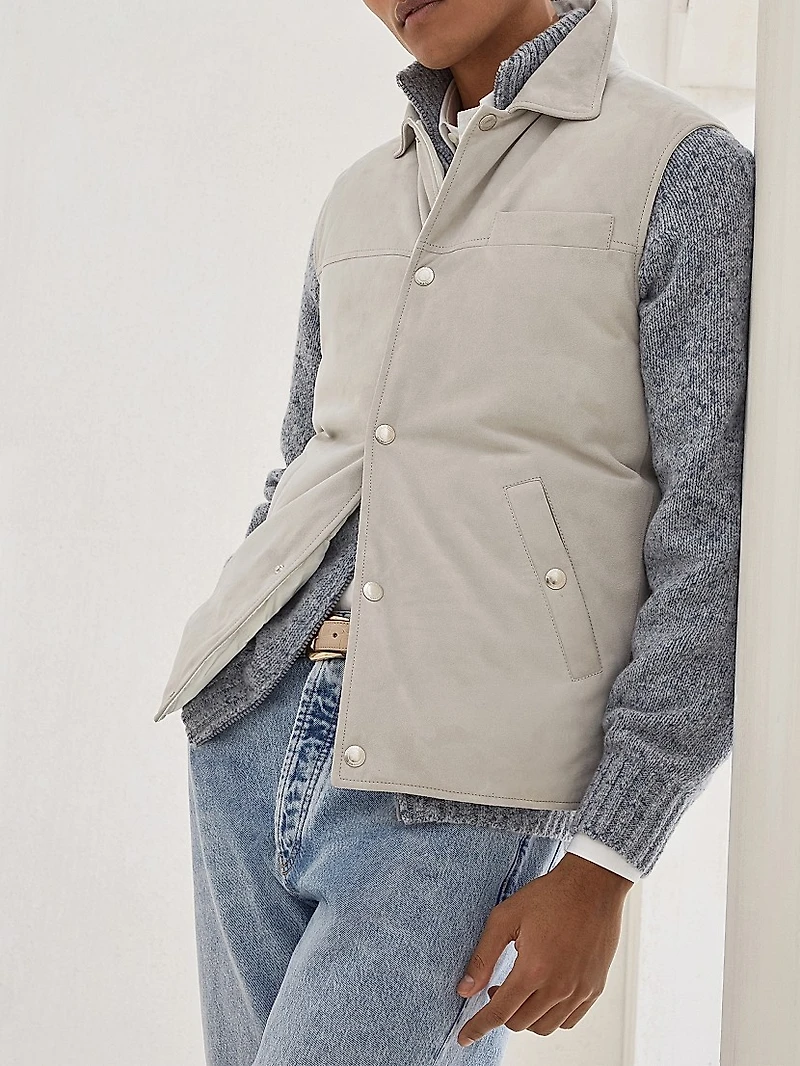 Suede Down Vest with Shirt Style Collar