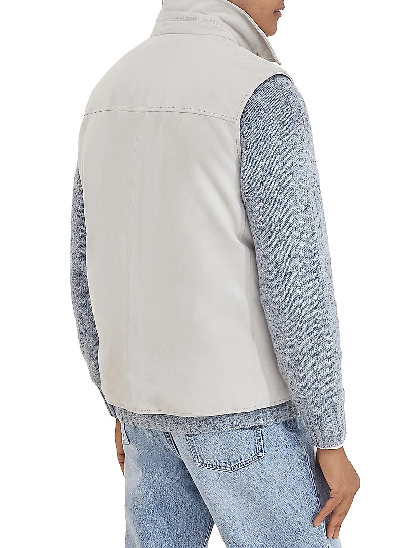 Suede Down Vest with Shirt Style Collar