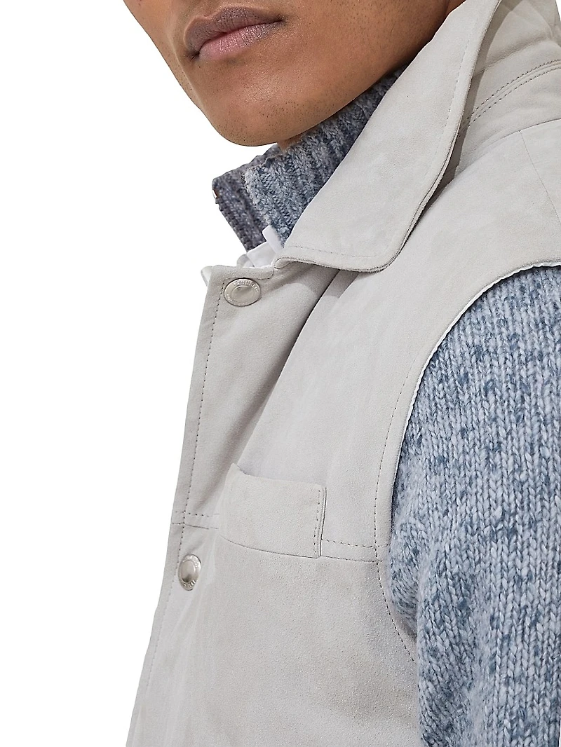 Suede Down Vest with Shirt Style Collar