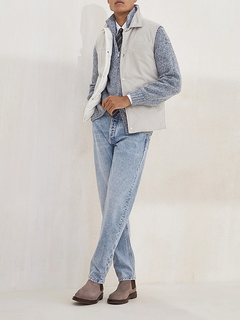 Suede Down Vest with Shirt Style Collar