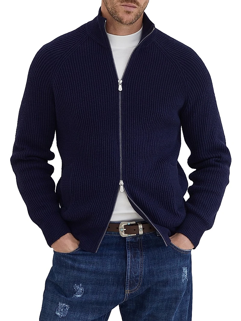 Malfilé Cotton English Rib Cardigan with Raglan Sleeves and Zipper