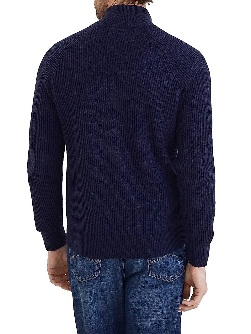 Malfilé Cotton English Rib Cardigan with Raglan Sleeves and Zipper