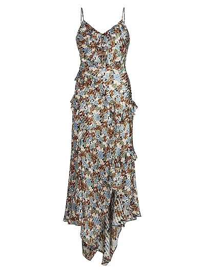 Avenel Silk Floral Ruffle Midi-Dress