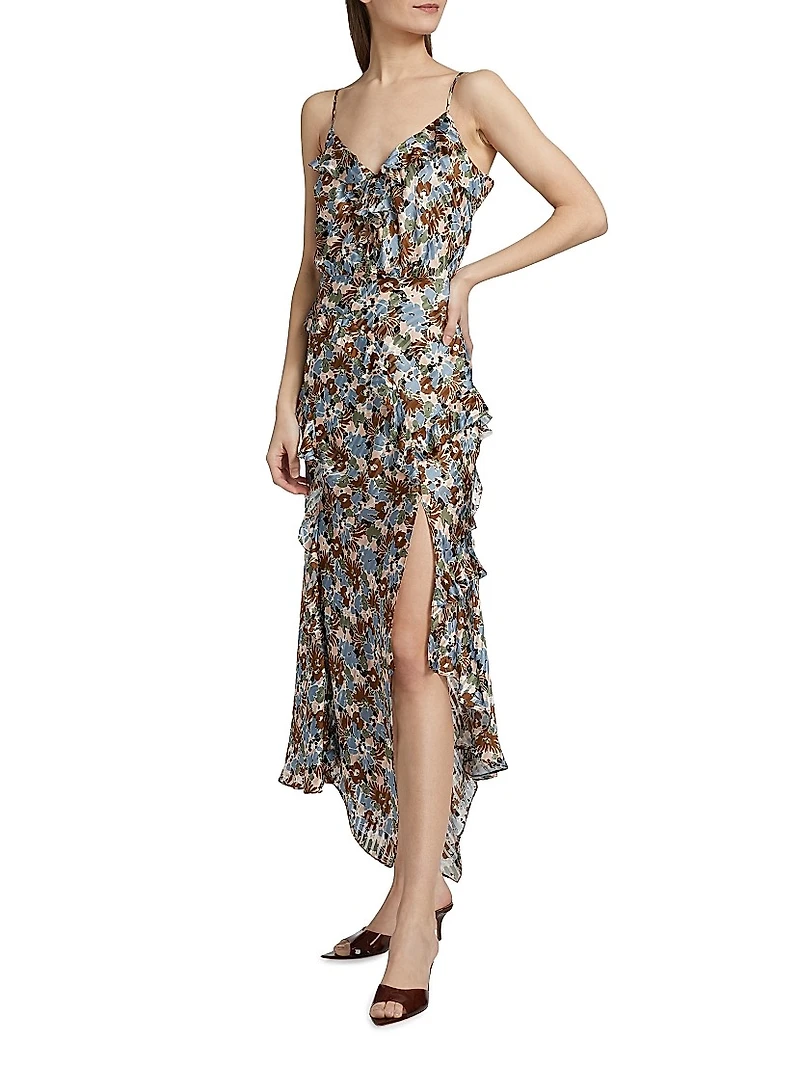 Avenel Silk Floral Ruffle Midi-Dress