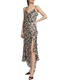 Avenel Silk Floral Ruffle Midi-Dress