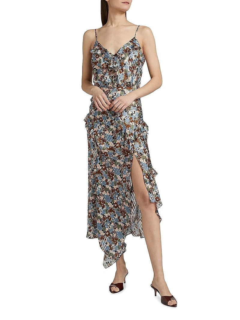 Avenel Silk Floral Ruffle Midi-Dress