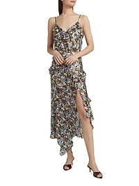Avenel Silk Floral Ruffle Midi-Dress
