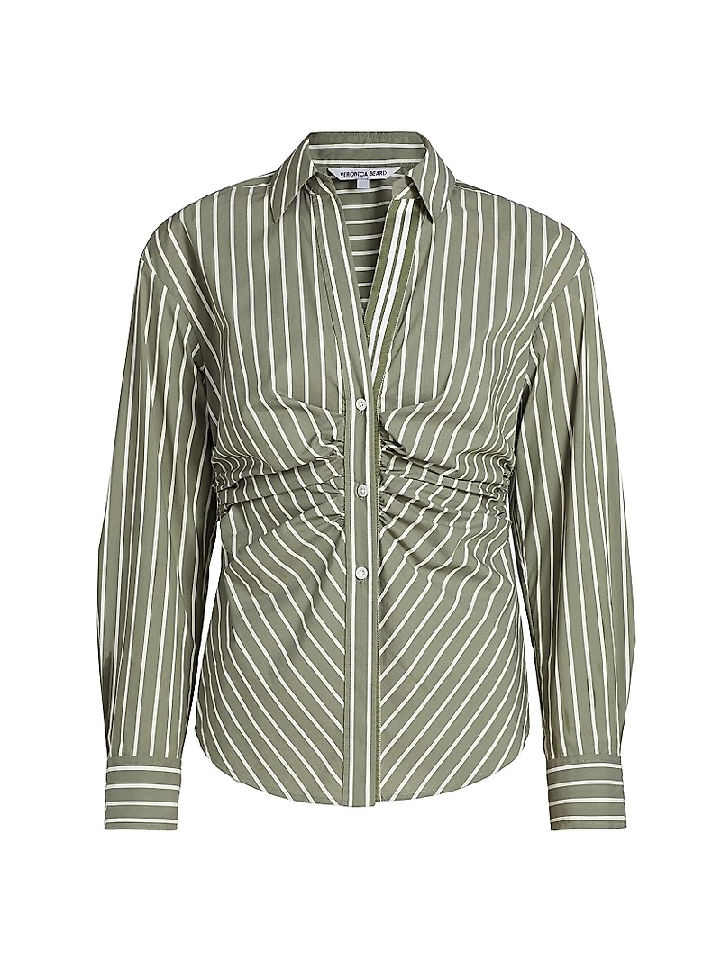 Devra Ruched Striped Stretch-Cotton Button-Front Top