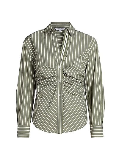 Devra Ruched Striped Stretch-Cotton Button-Front Top