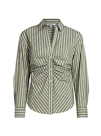 Devra Ruched Striped Stretch-Cotton Button-Front Top
