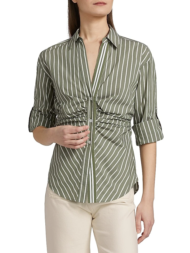 Devra Ruched Striped Stretch-Cotton Button-Front Top