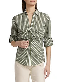 Devra Ruched Striped Stretch-Cotton Button-Front Top