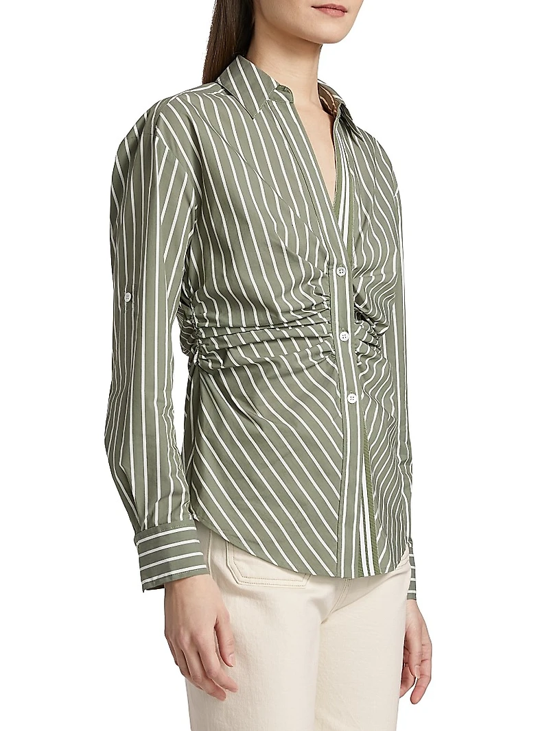 Devra Ruched Striped Stretch-Cotton Button-Front Top