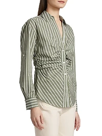 Devra Ruched Striped Stretch-Cotton Button-Front Top