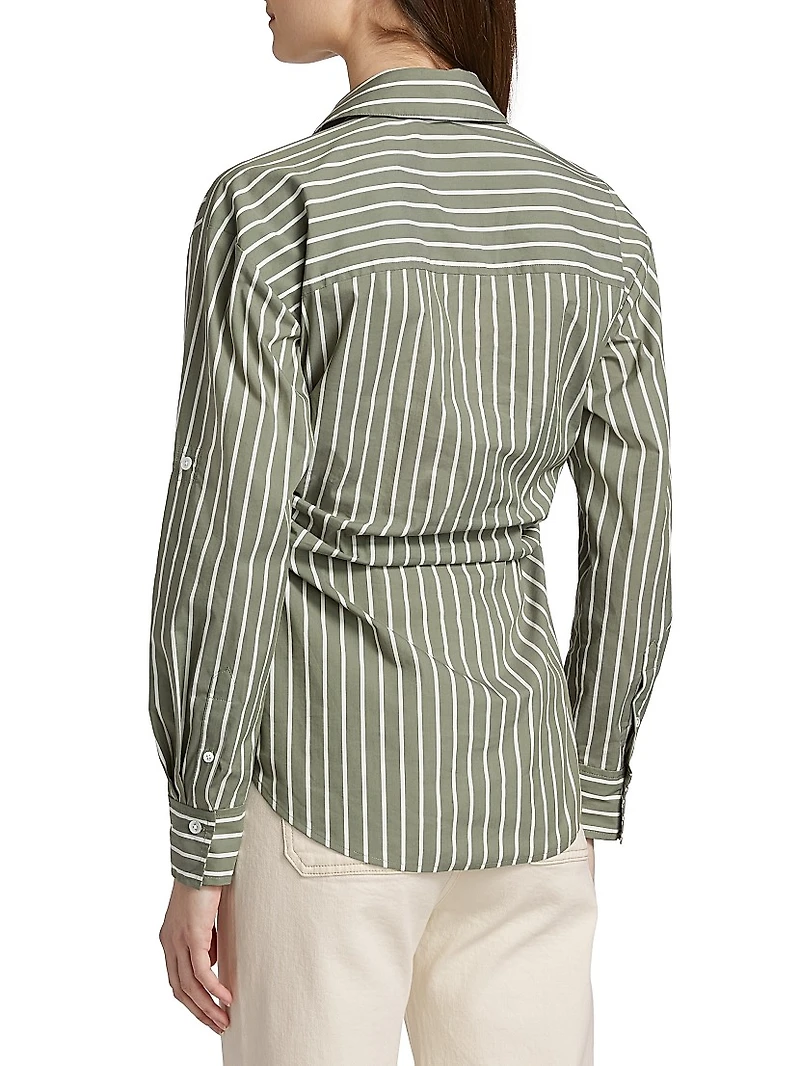 Devra Ruched Striped Stretch-Cotton Button-Front Top