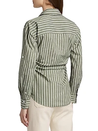 Devra Ruched Striped Stretch-Cotton Button-Front Top