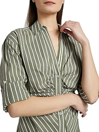 Devra Ruched Striped Stretch-Cotton Button-Front Top