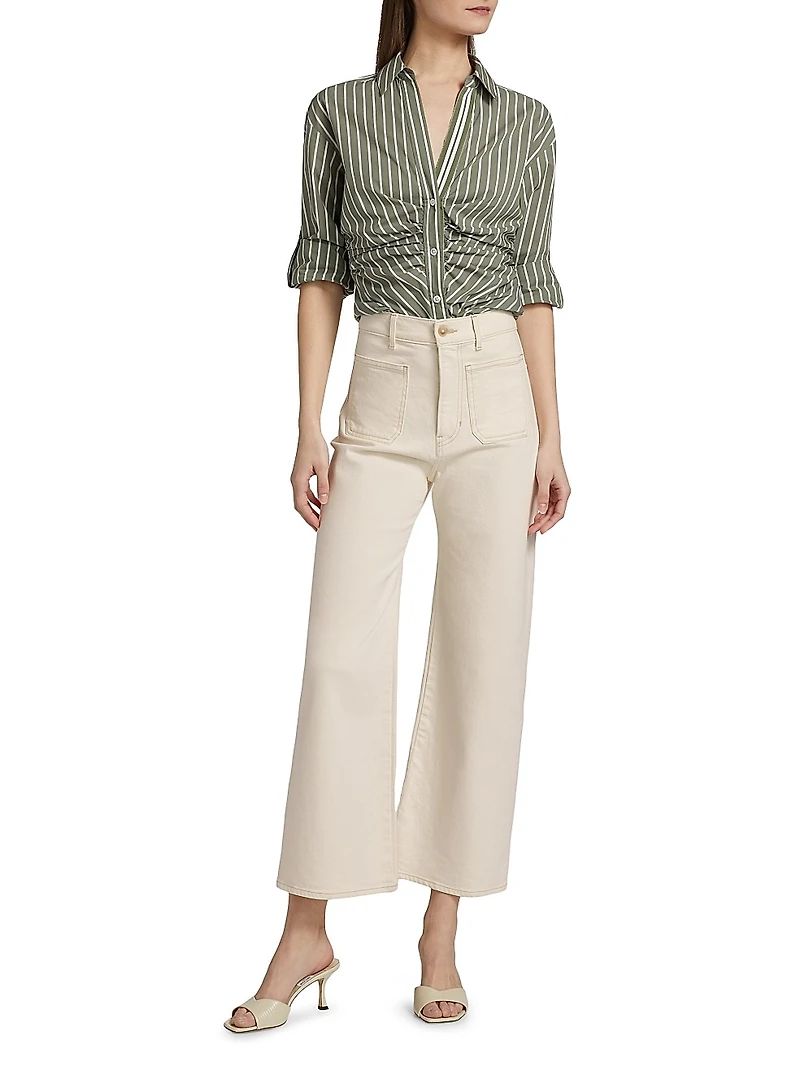 Devra Ruched Striped Stretch-Cotton Button-Front Top