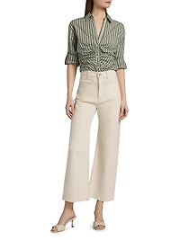 Devra Ruched Striped Stretch-Cotton Button-Front Top