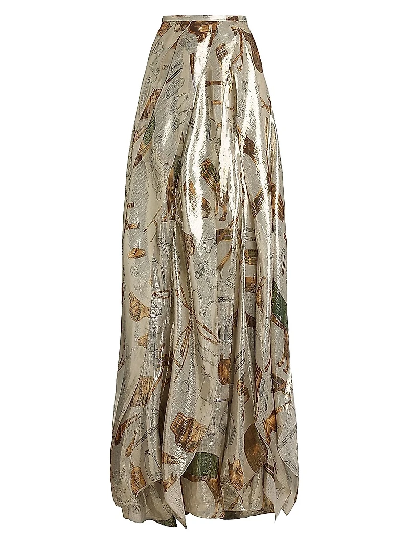 Patricia Equestrian-Print Silk Lamé Maxi Skirt
