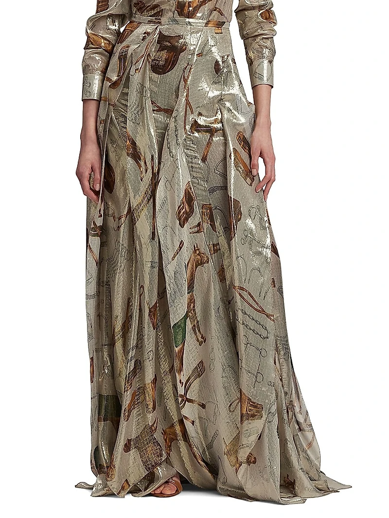 Patricia Equestrian-Print Silk Lamé Maxi Skirt