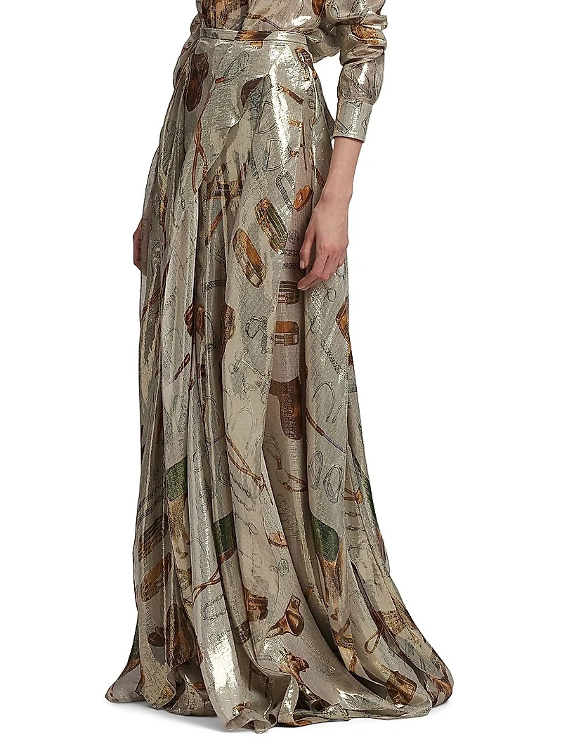 Patricia Equestrian-Print Silk Lamé Maxi Skirt