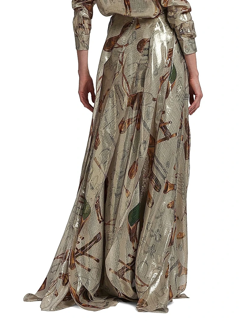 Patricia Equestrian-Print Silk Lamé Maxi Skirt
