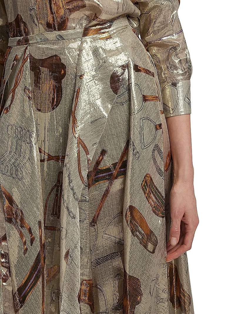 Patricia Equestrian-Print Silk Lamé Maxi Skirt