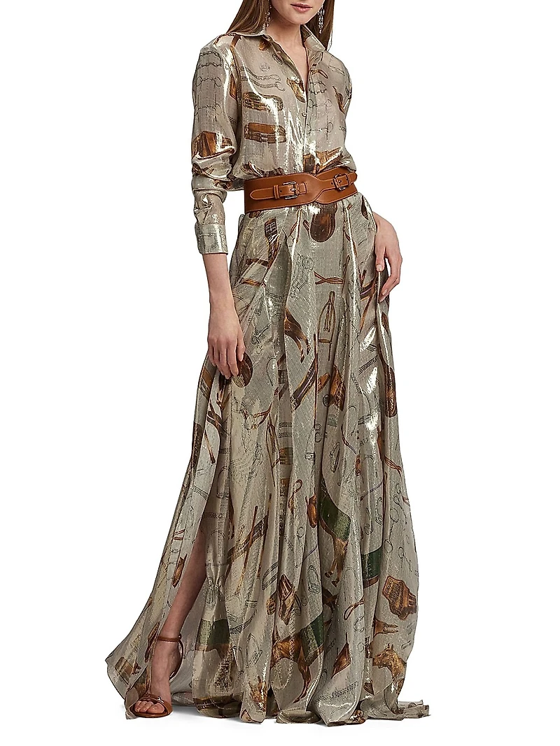 Patricia Equestrian-Print Silk Lamé Maxi Skirt