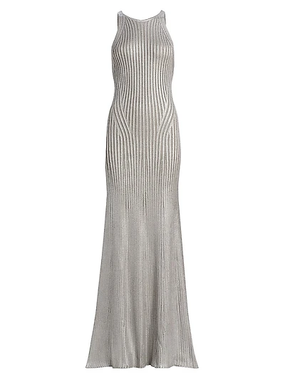 Foiled Rib-Knit Sleeveless Mermaid Gown