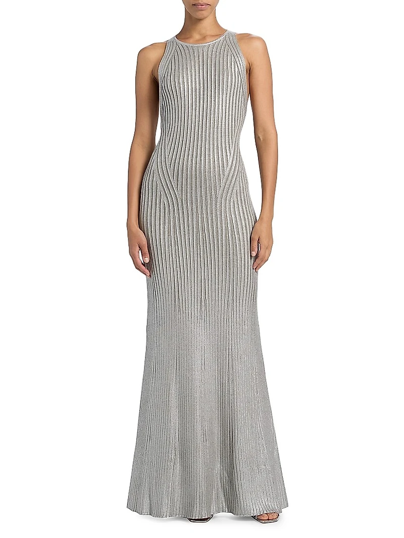 Foiled Rib-Knit Sleeveless Mermaid Gown