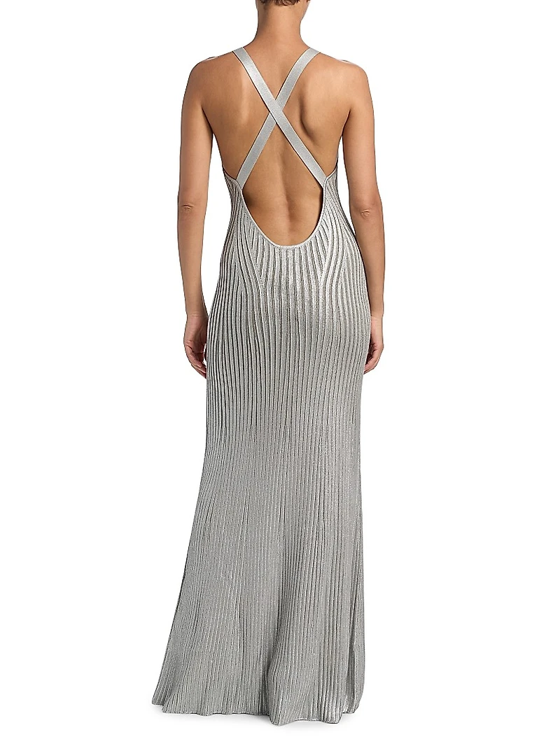 Foiled Rib-Knit Sleeveless Mermaid Gown