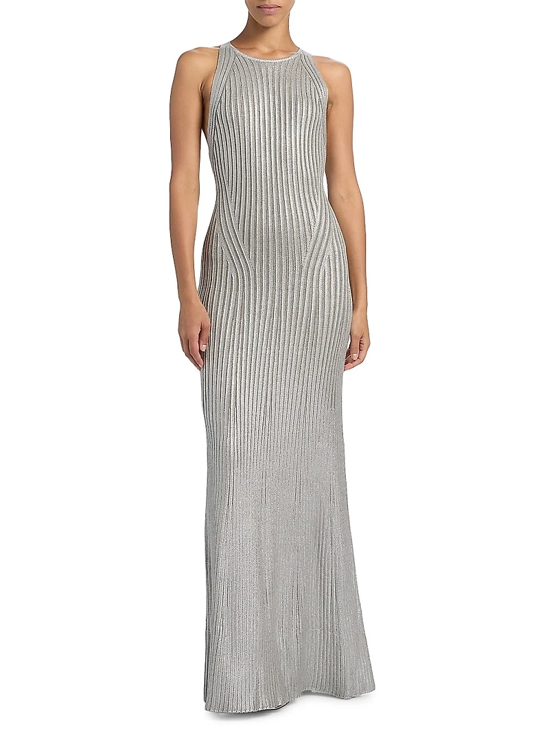 Foiled Rib-Knit Sleeveless Mermaid Gown