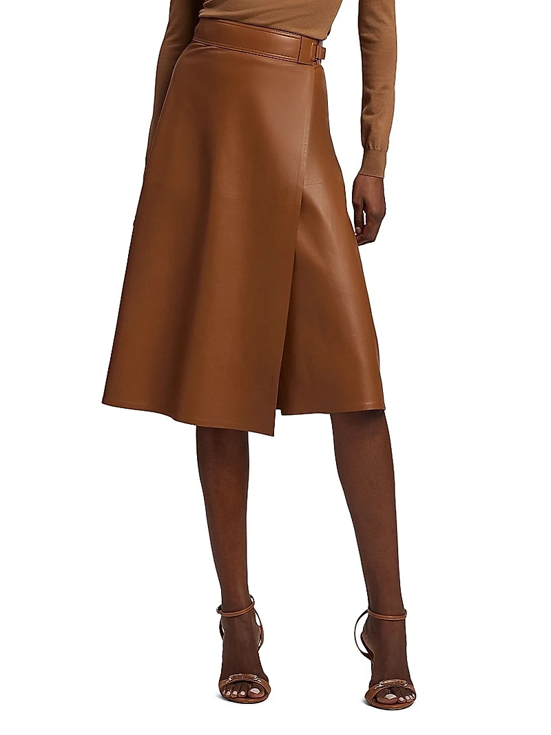 Jackeline Wrap Leather Knee-Length Skirt
