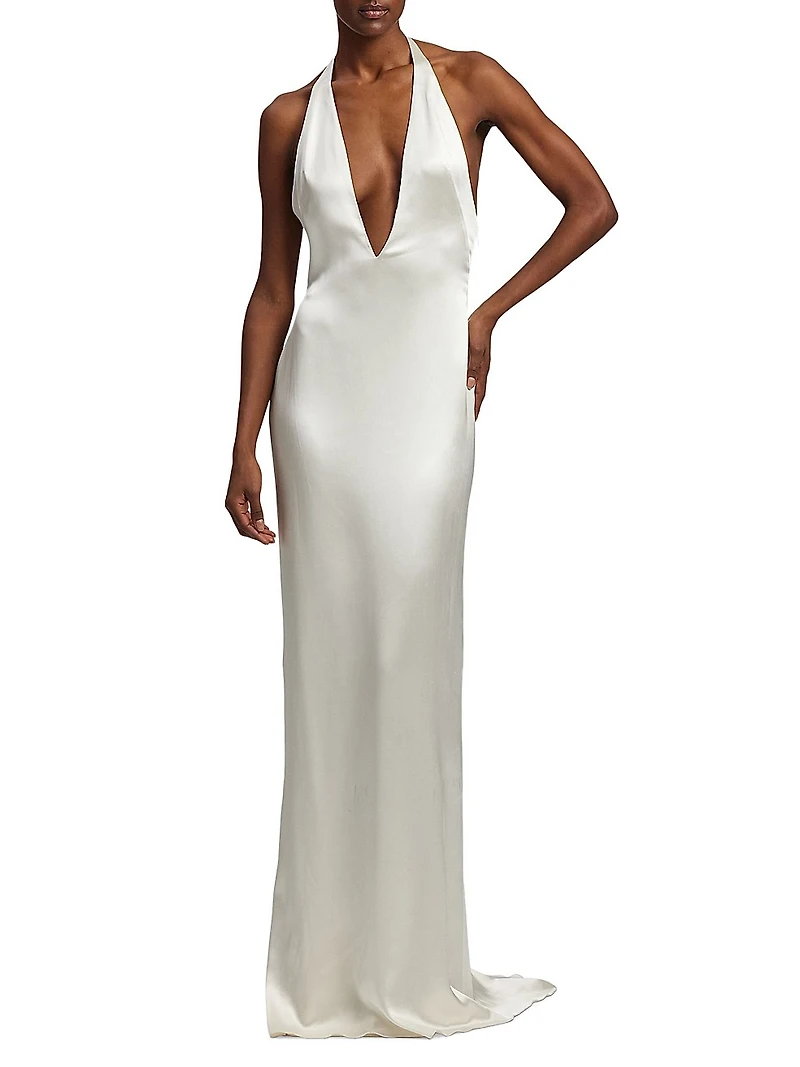 Cladwell Plunging V-Neck Stretch Satin Gown