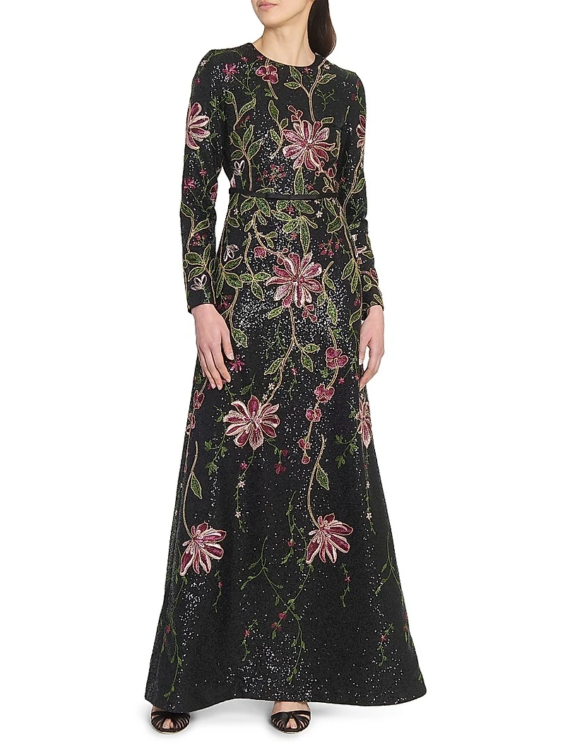 Embroidered Sequin A-Line Maxi Dress