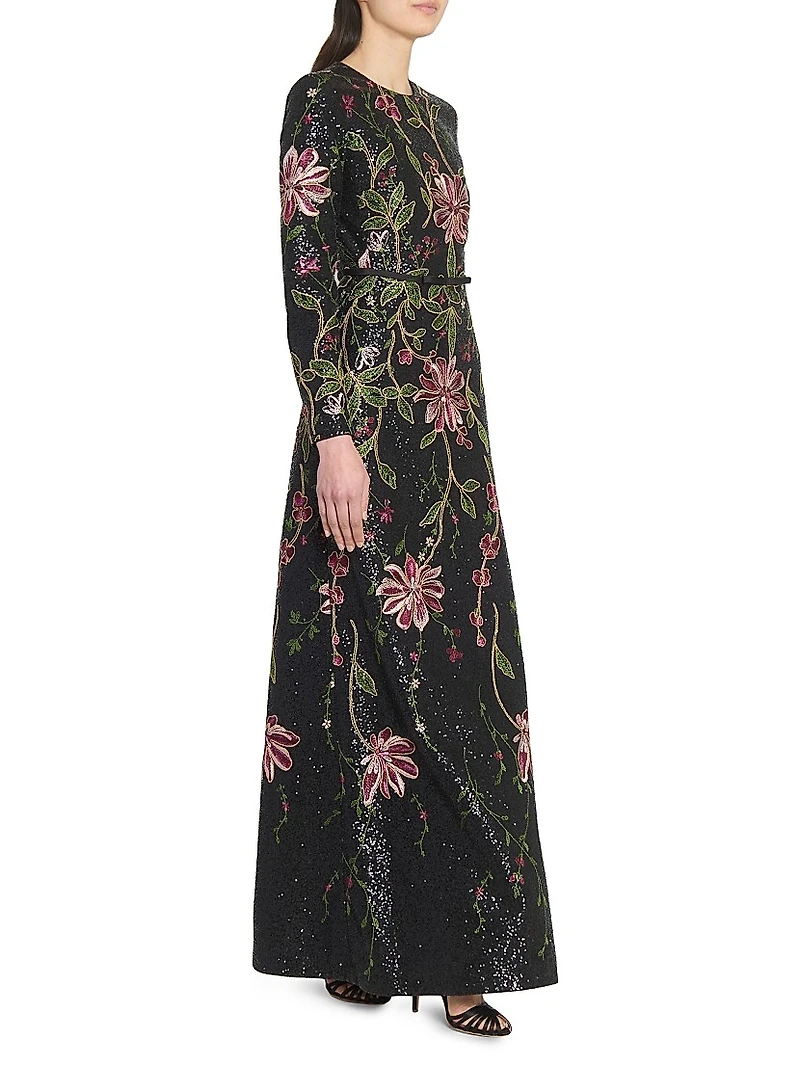 Embroidered Sequin A-Line Maxi Dress