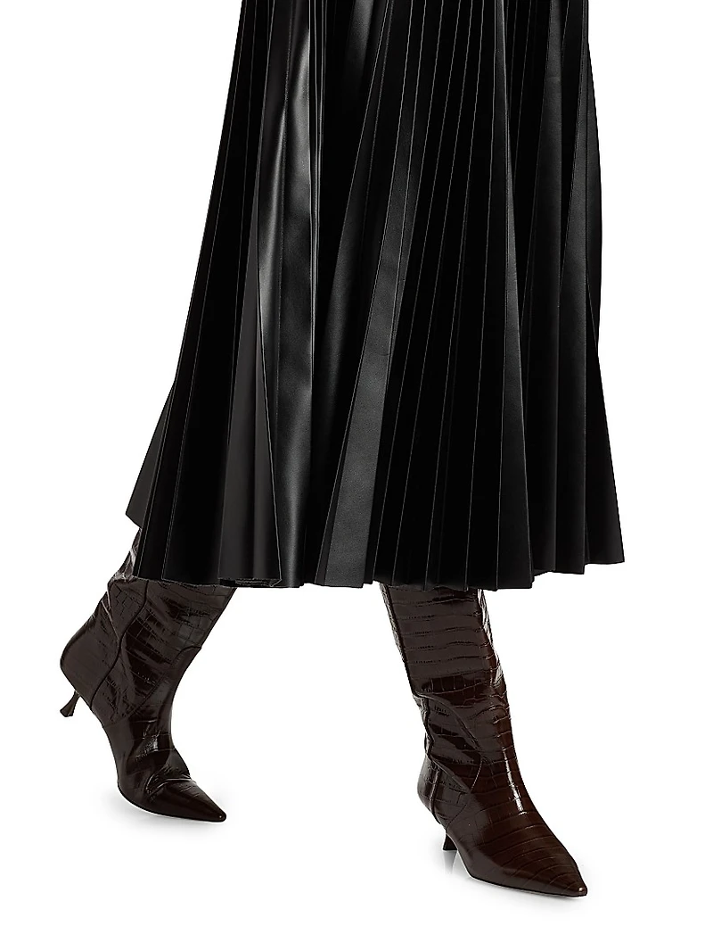 Pleated Faux Leather Midi-Skirt