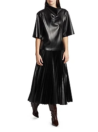 Pleated Faux Leather Midi-Skirt