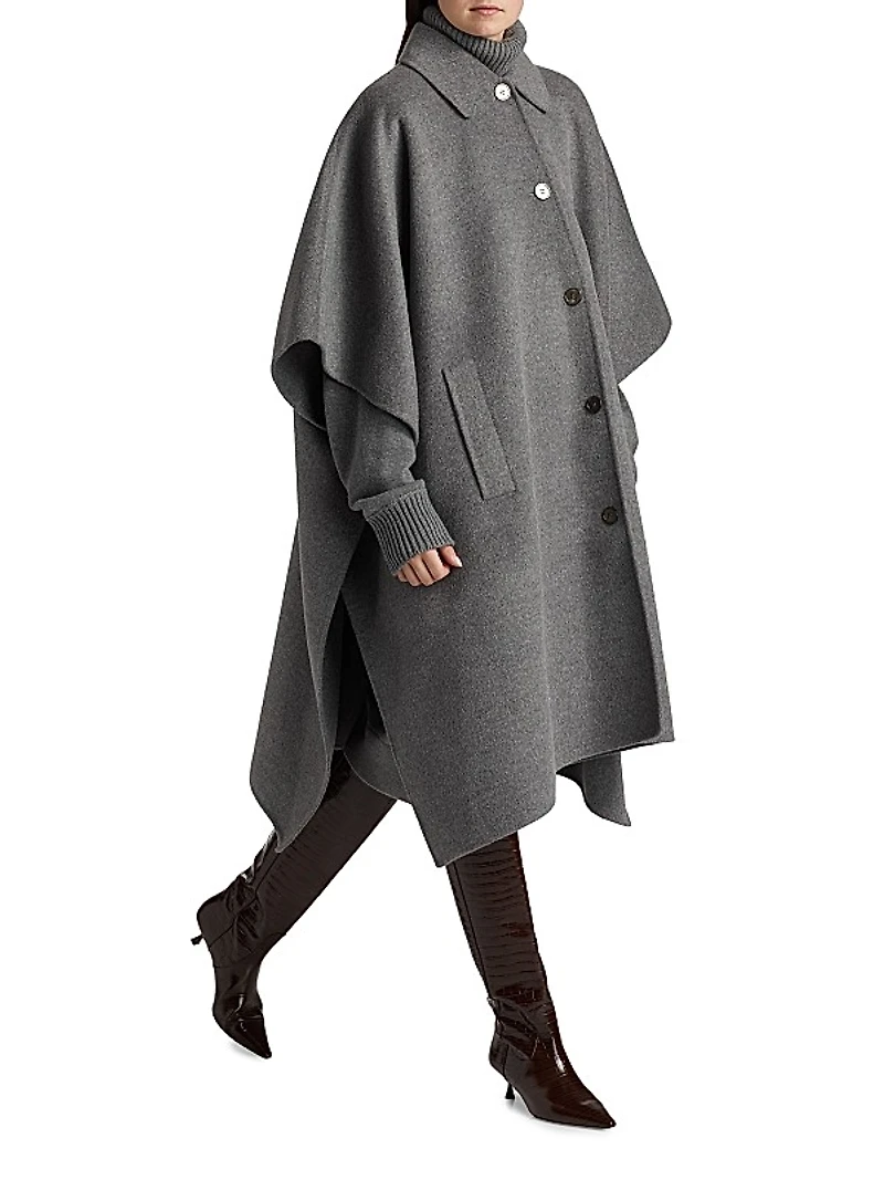 Virgin Wool Button-Front Poncho Coat