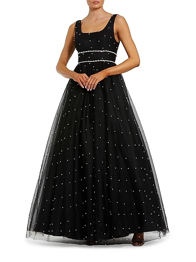 Embellished Tulle Sleeveless Gown