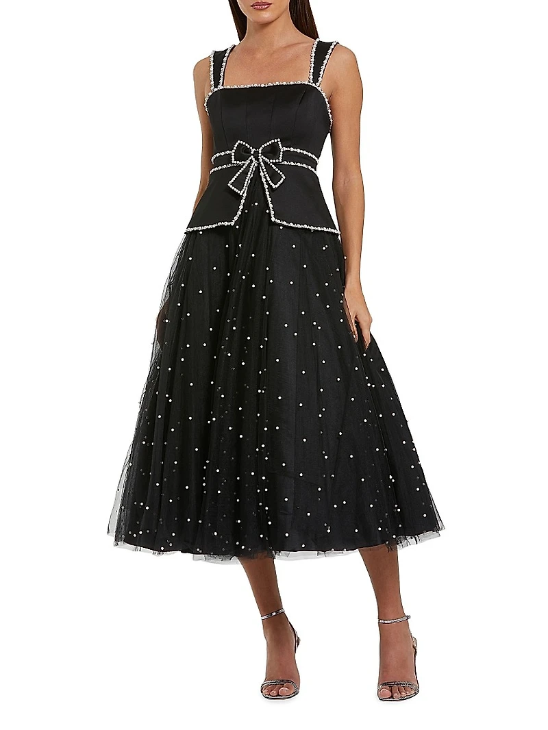 Imitation Pearl-Embellished Tulle Cocktail Dress