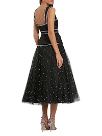 Imitation Pearl-Embellished Tulle Cocktail Dress