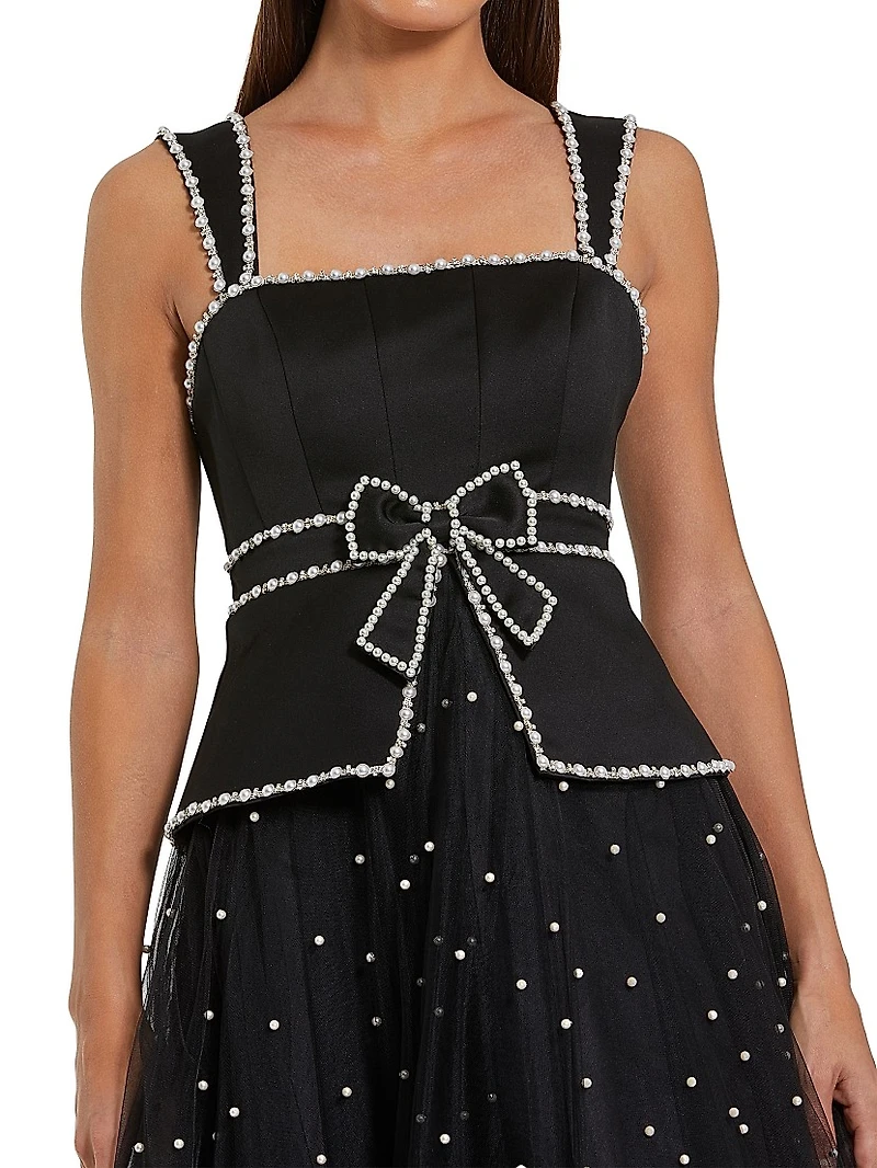 Imitation Pearl-Embellished Tulle Cocktail Dress