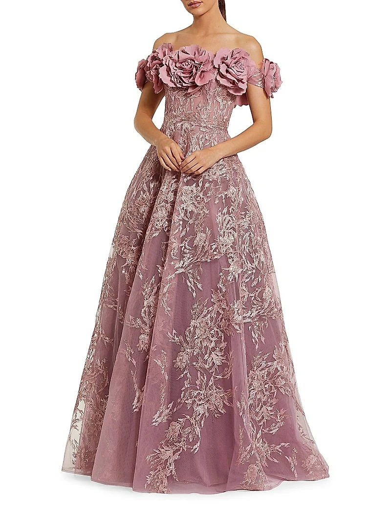 Sequin-Embroidered Off-The-Shoulder A-Line Gown
